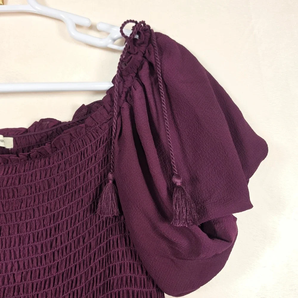 Max Studio‎ Maxi Dress Womens L Purple Boho Cottage Puff Sleeve Tiered Smocked
